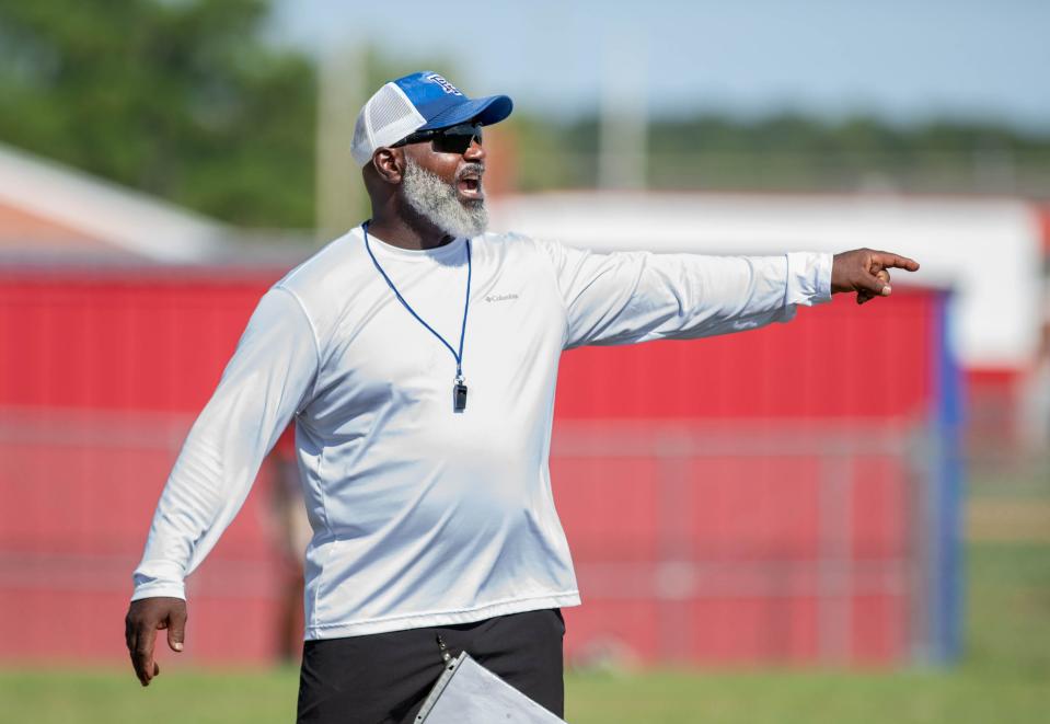 Head coach Tony Carter runs football practice at Pine Forest High School in Pensacola on Wednesday, Aug. 16, 2023.