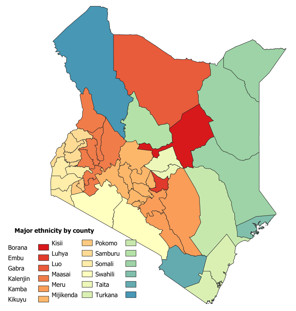 Mapa regional de Kenia resaltando las principales etnias por condado.