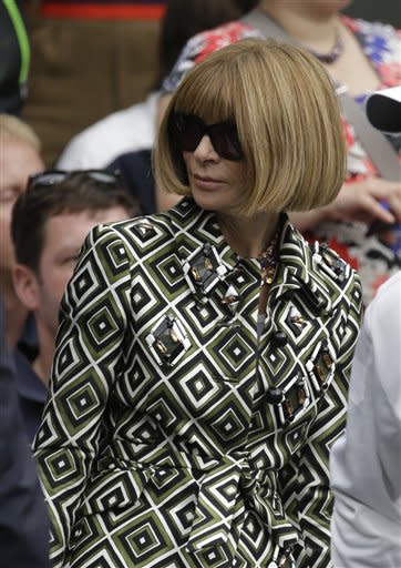 U.S. Vogue editor Anna Wintour arrives to watch Roger Federer of Switzerland and Julien Benneteau play in a third round men's singles match at the All England Lawn Tennis Championships at Wimbledon, England, Friday, June 29, 2012. (AP Photo/Alastair Grant)