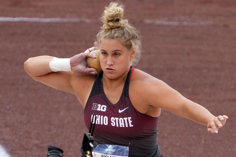 Ohio State's Adelaide Aquilla won her fourth national championship in shot put at the 2023 NCAA indoor championships this weekend in Albuquerque, New Mexico.