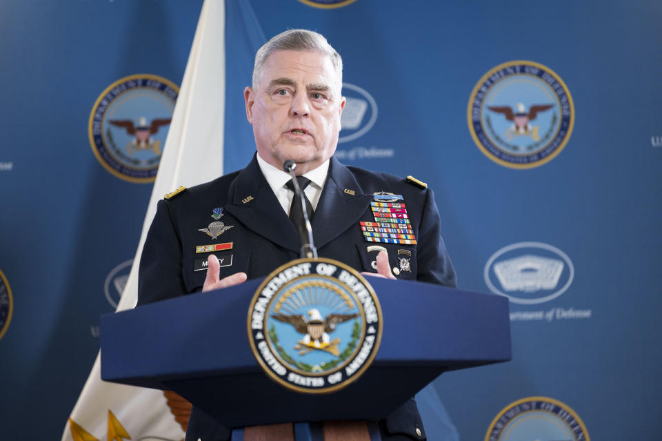 Chairman of the Joint Chiefs of Staff Gen. Mark Milley holds a press briefing with Defense Secretary Lloyd Austin at the Pentagon on Thursday, May 25, 2023 in Washington. (AP Photo/Kevin Wolf)