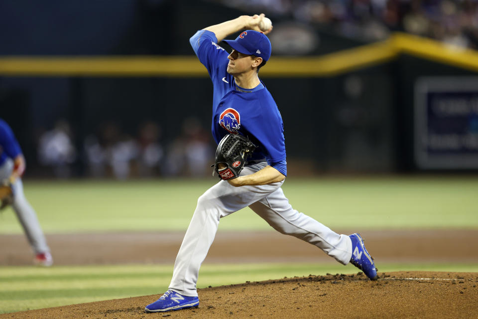 Chicago Cubs' Kyle Hendricks throws a pitch during the first inning of the team's baseball game against the Arizona Diamondbacks on Saturday, May 14, 2022, in Phoenix. (AP Photo/Chris Coduto)