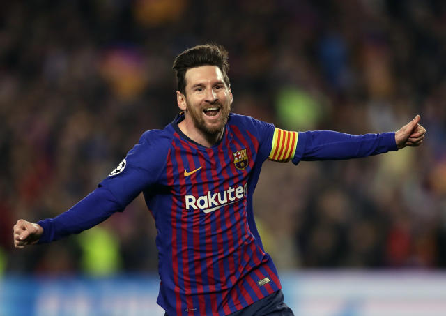 Barcelona forward Lionel Messi celebrates after scoring his side's second goal during the Champions League quarterfinal, second leg, soccer match between FC Barcelona and Manchester United at the Camp Nou stadium in Barcelona, Spain, Tuesday, April 16, 2019. (AP Photo/Manu Fernandez)