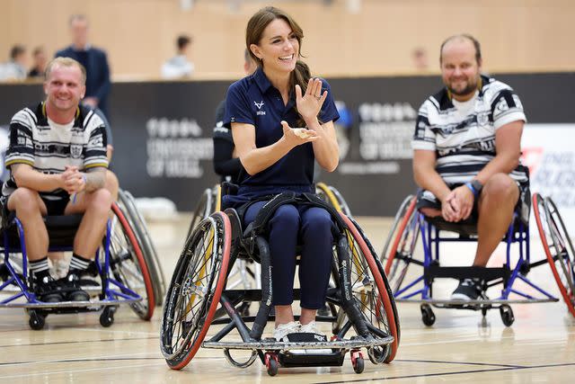 <p>Chris Jackson/Getty Images</p> Princess Kate plays wheelchair rugby in Hull, U.K. on Thursday