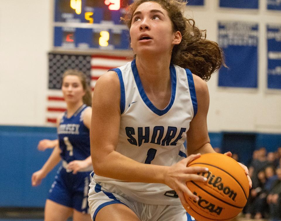 Shore Reese Fiore prepares to shoot under the basket. Shore Regional Girls Basketball dominates  Middlesex in NJSIAA Central Group 1 Final in West Long Branch, NJ on February 28, 2023.