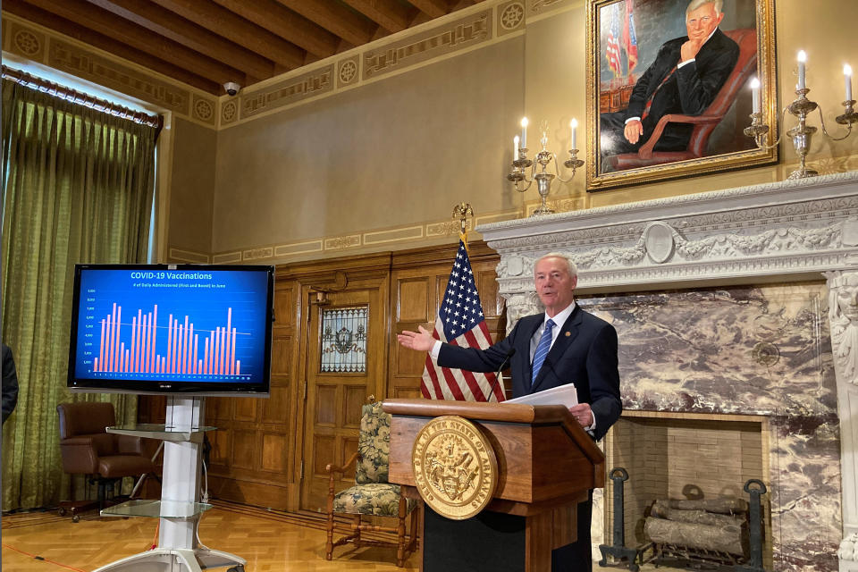 Arkansas Gov. Asa Hutchinson talks about COVID-19 vaccinations at the state Capitol in Little Rock, Ark., on Tuesday, June 29, 2021. Hutchinson, a Republican, has been in the national spotlight this year as he heads into the final half of his last term in office. (AP Photo/Andrew Demillo)