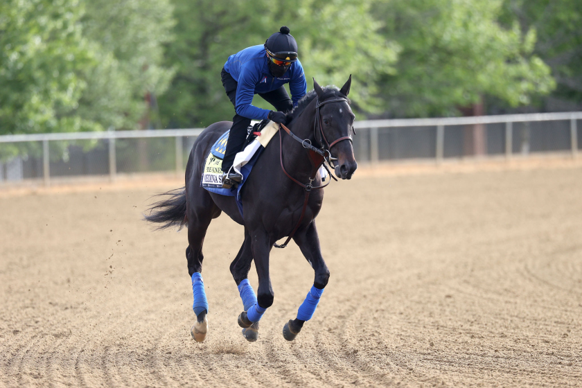 Exercise rider Humberto Gomez takes Kentucky Derby winner and Preakness entrant Medina Spirit over the track.