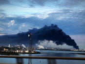 Smoke rises from a fire burning at the Intercontinental Terminals Company in Deer Park, east of Houston, Texas, U.S., March 18, 2019. Jaimie Meldrum/@jamiejow/Handout via REUTERS