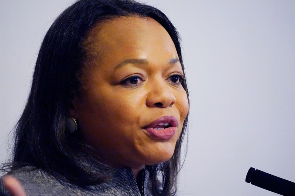 U.S. Assistant Attorney General Kristen Clarke of the Justice Department's Civil Rights Division speak in Jackson, Mississippi, in June. The Justice Department filed court papers challenging a Mississippi law that authorizes the appointment of some judges in Jackson and Hinds County, which are majority-Black. Most judges in Mississippi are elected, and Clarke said the appointment of judges discriminates against Black residents.