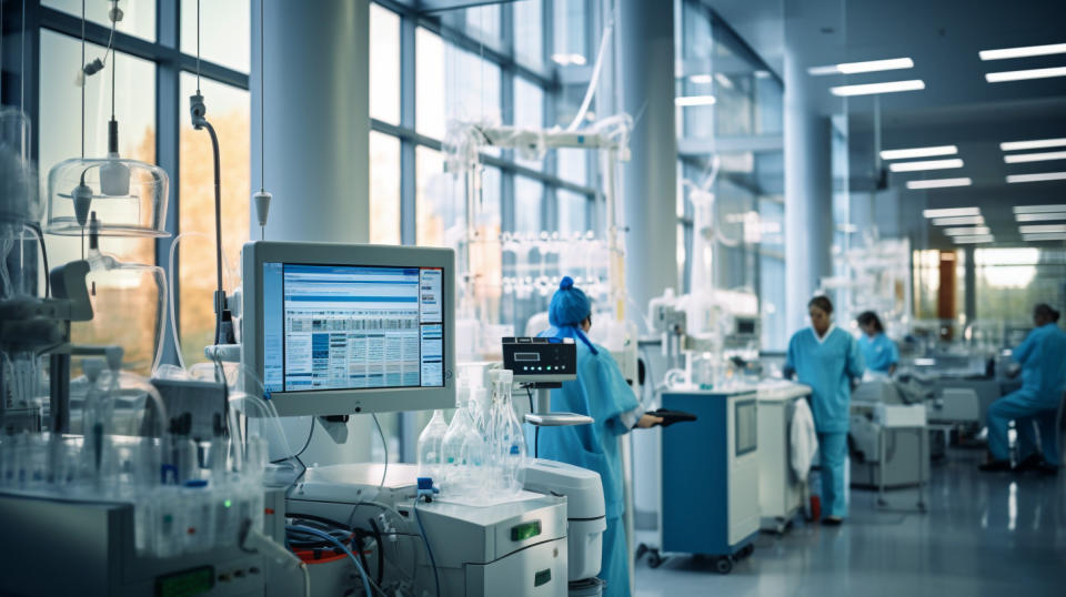 An oncology center with medical staff operating infusion pumps in the background.