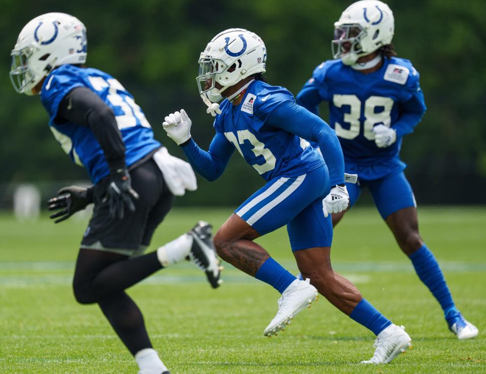 Indianapolis Colts cornerback Kenny Moore II (23) works through defensive back drills Wednesday, June 14, 2023, during mandatory minicamp at the Indiana Farm Bureau Football Center in Indianapolis.