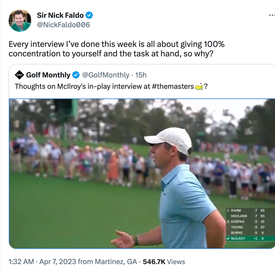 The Masters - Sir Nick Faldo Criticises Rory McIlroy for his interview