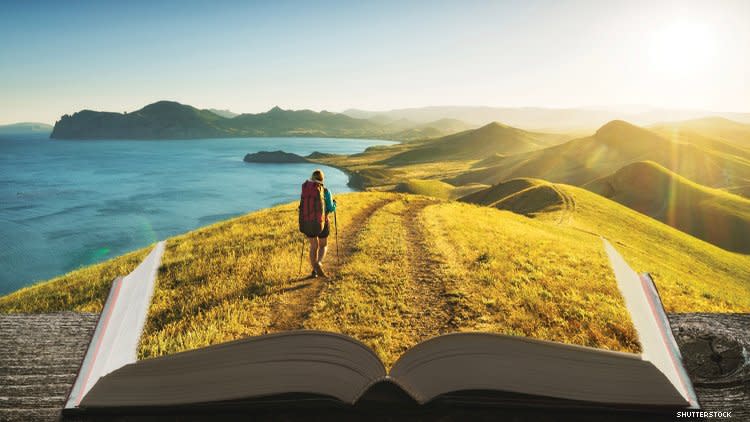 Art of someone hiking over a book