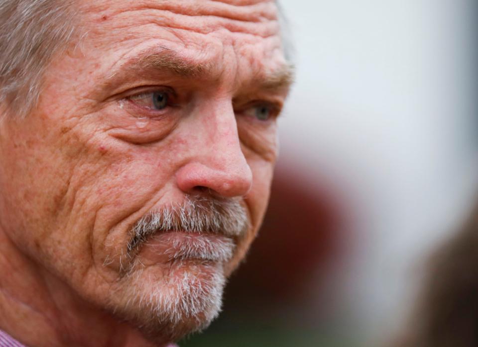 David Clohessy, the former national director of SNAP (Survivors Network of those Abused by Priests), talks about the late Jason Britt outside the U.S. federal courthouse in Springfield on Tuesday, Oct. 24, 2023. Britt died last year of multiple organ failure at age 29, more than a decade after attending Agape Boarding School.