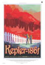 A travel poster produced by NASA/JPL-Caltech depicts exoplanet Kepler-186f, the first one to potentially harbor liquid water. The image suggests a world where a red sun has created plant life much different in color than the greenery of Earth.