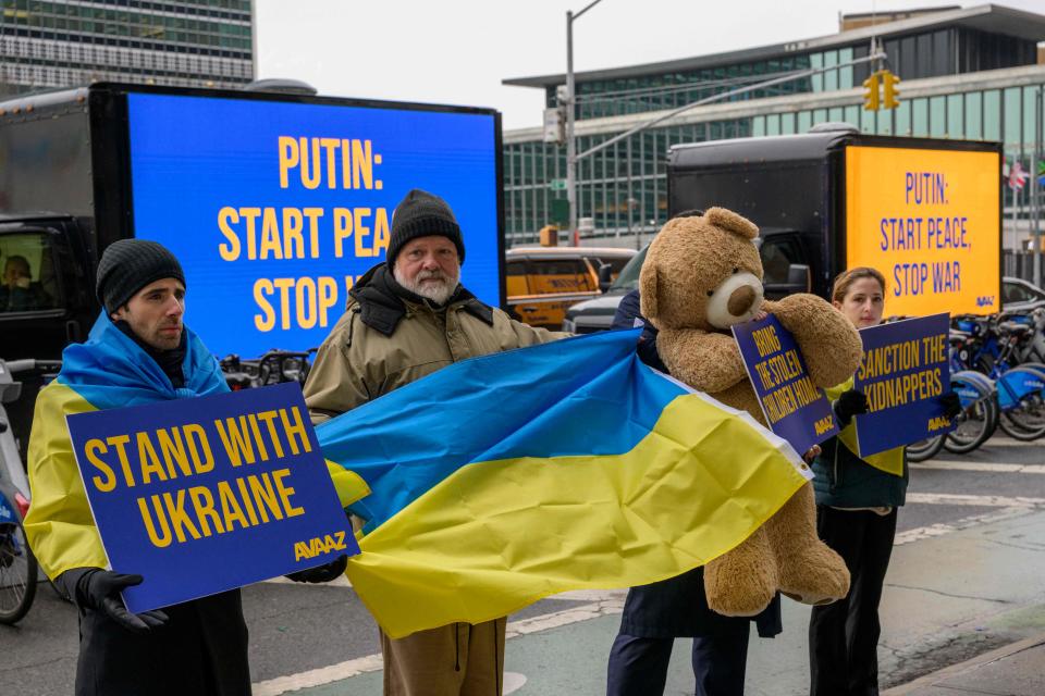 Protesters gather outside United Nations headquarters as the first anniversary of the war in Ukraine approaches, in New York City on February 23, 2023.