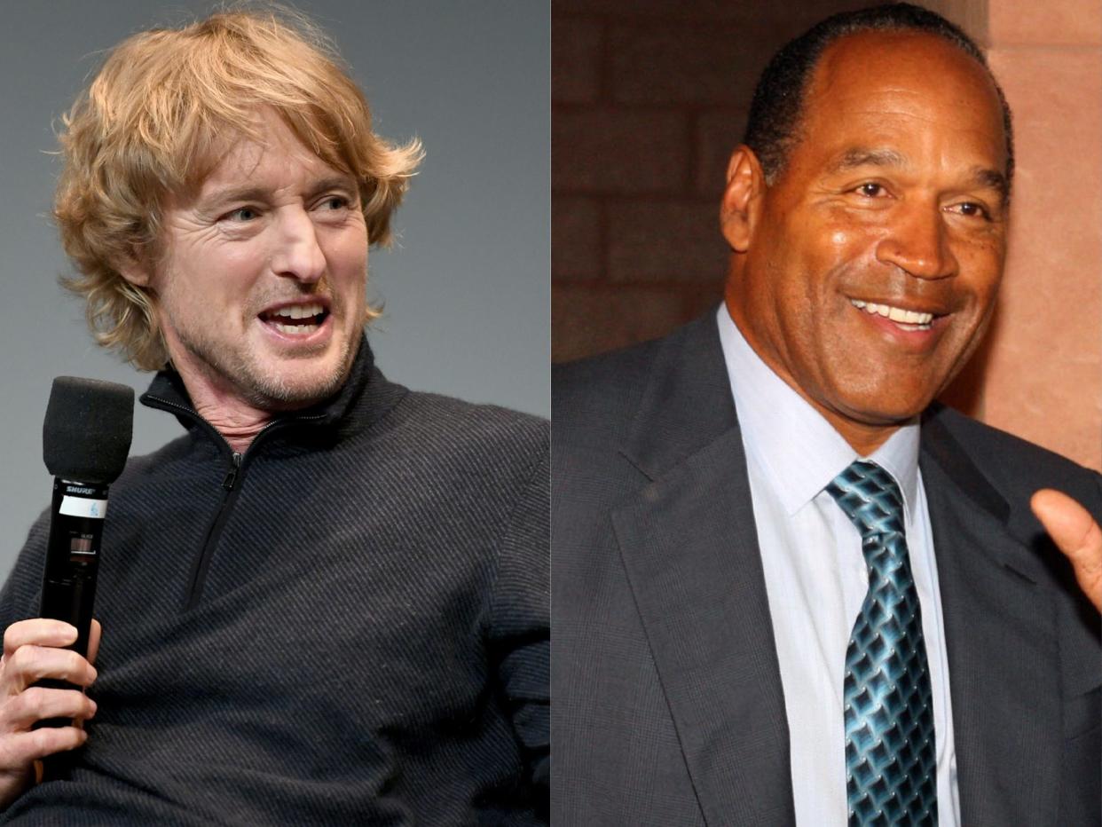 left: owen wilson sitting onstage, wearing a quarterzip and holding a microphone; right: O.J. simpson smiling and waving in a suit and tie