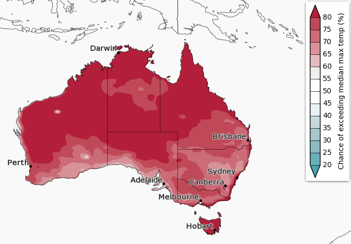 Areas with dark shades of red will experience warmer than average days over summer. Source: Bureau of Meteorology