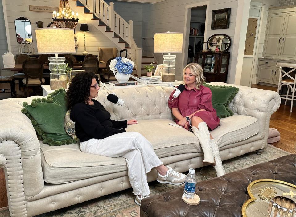Denise Jonas, mom of the Jonas Brothers, left, speaks with Jennifer Vickery Smith, host of the "Got it from My Mama" podcast.