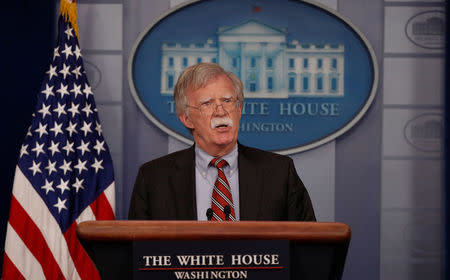 FILE PHOTO: U.S. National Security Advisor John Bolton speaks about election security in the White House press briefing room at the White House in Washington, U.S., August 2, 2018. REUTERS/Carlos Barria