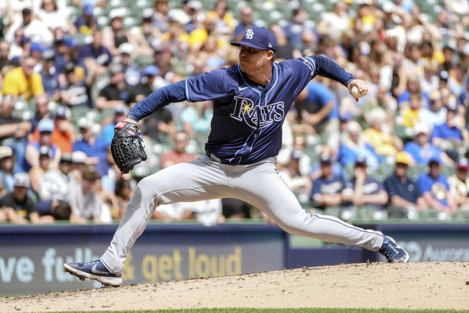 Tampa Bay Rays' Garrett Cleavinger pitches during the seventh inning of a baseball game against the Milwaukee Brewers, Wednesday, May 1, 2024, in Milwaukee. (AP Photo/Kenny Yoo)