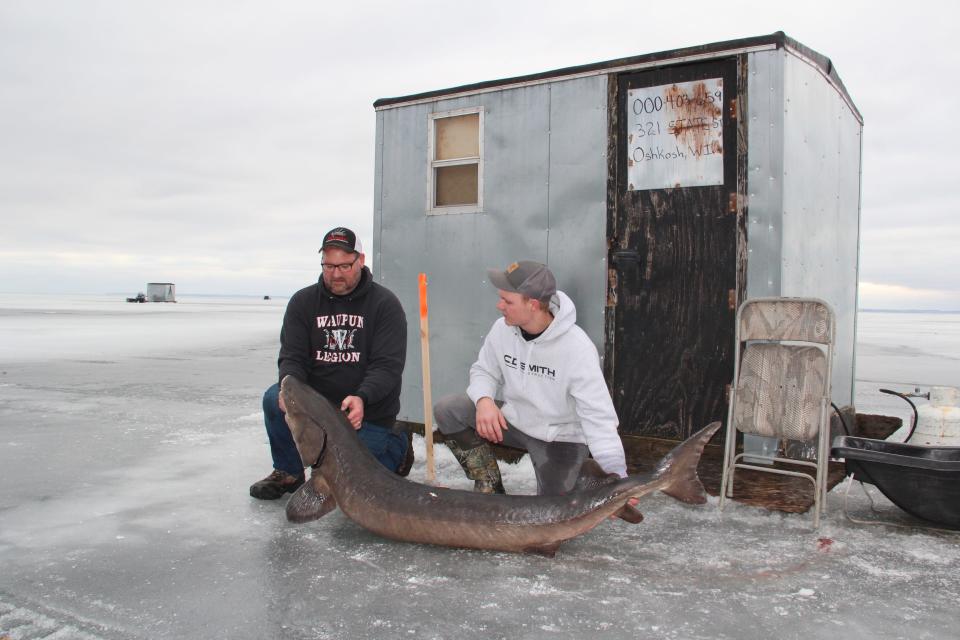 Jon Sauer (left) and his son Drew, both of Brandon, hold the 77-inch-long, 113.6-pound lake sturgeon Jon speared about 8 a.m. Saturday on Lake Winnebago. Saturday was the opening day of the 2024 spearing season in the Winnebago System.