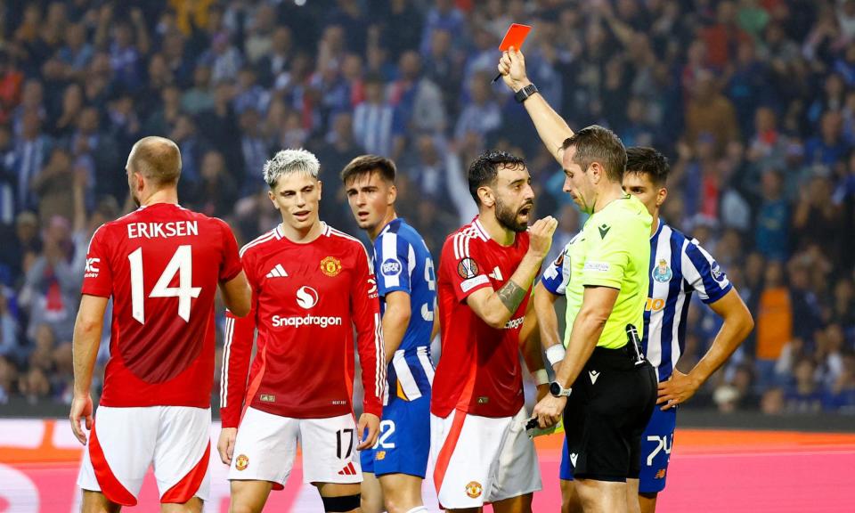 <span>Bruno Fernandes was sent off for two yellow cards in the Europa League against Porto.</span><span>Photograph: Peter Cziborra/Action Images/Reuters</span>