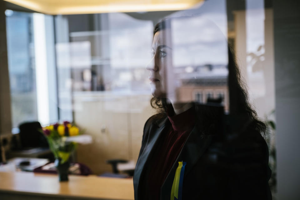 Raadio 4 Editor-in-Chief Julia Bali at her office in Tallinn, Estonia, on March 31. (Alessandro Rampazzo for NBC News)