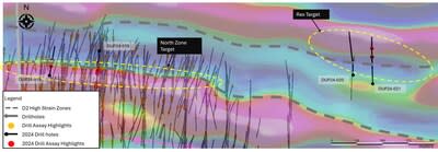 Figure 6:  Plan Map highlighting DUP24-020 and DUP24-021 at the Rex Target area, with regional geophysics magnetic survey (first vertical derivative product) (CNW Group/First Mining Gold Corp.)