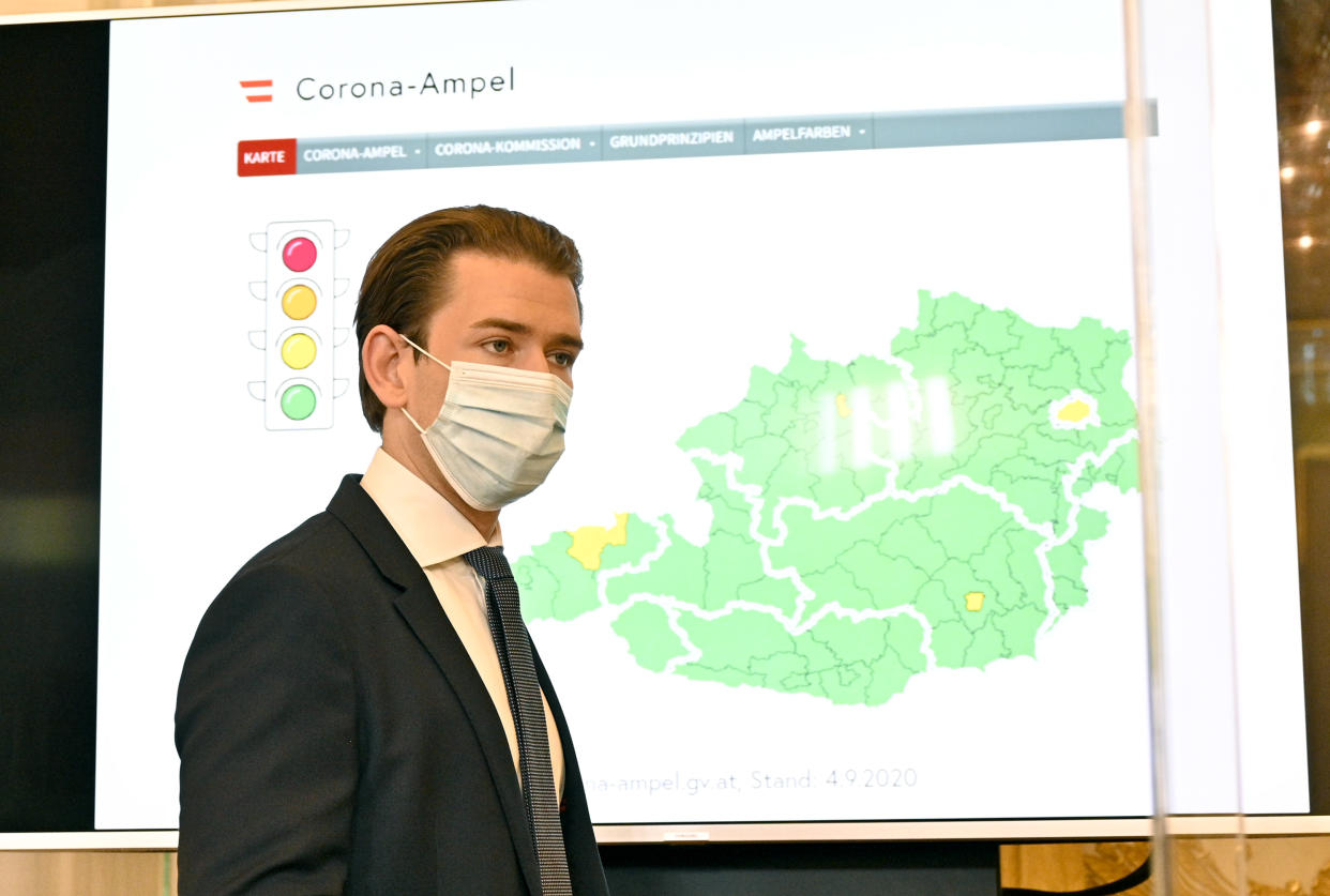 Kanzler Sebastian Kurz vor der Karte mit der "Corona-Ampel" (Bild: Hans Punz/APA/dpa)