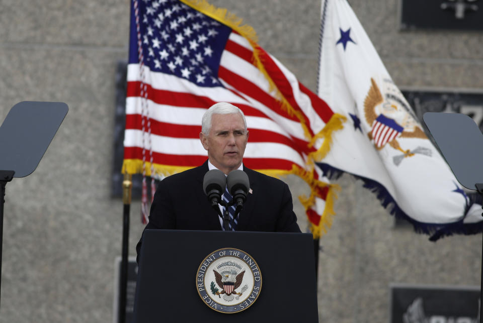 Vice President Mike Pence speaks during the graduation ceremony for the Class of 2020 at the U.S. Air Force Academy, Saturday, April 18, 2020, at Air Force Academy, Colo. (AP Photo/David Zalubowski)