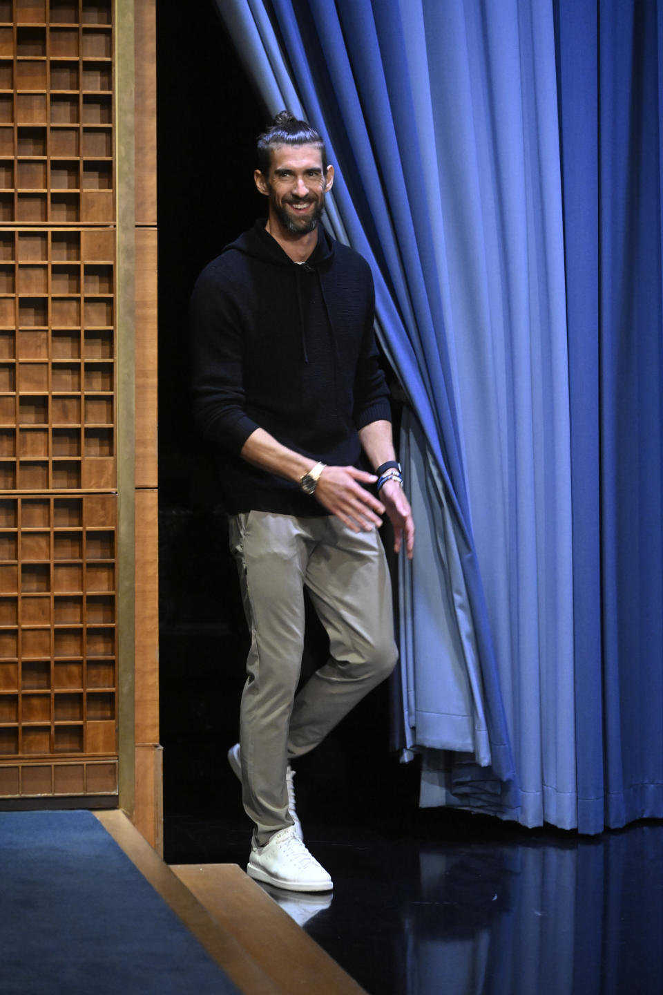 THE TONIGHT SHOW STARRING JIMMY FALLON -- Episode 1970 -- Pictured: Swimmer Michael Phelps arrives on Thursday, May 9, 2024 -- (Photo by: Todd Owyoung/NBC via Getty Images)