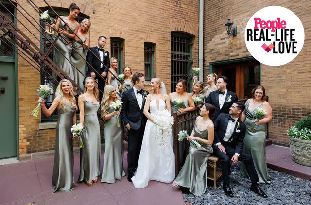 <p>Joy Lane, Studio This Is Photography </p> Alex Morton and Stacie Pawlicki with their wedding party in Chicago