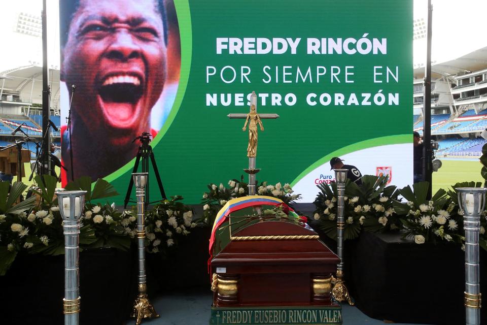 The coffin with the remains of Colombian former football player Freddy Rincon is seen during a tribute at the Pascual Guerrero stadium in Cali, Colombia, on April 16, 2022. - Colombian former international midfield star Freddy Rincon died on April 13 aged 55 of injuries he sustained in a traffic accident, doctors said. (Photo by Paola Mafla / AFP) (Photo by PAOLA MAFLA/AFP via Getty Images)