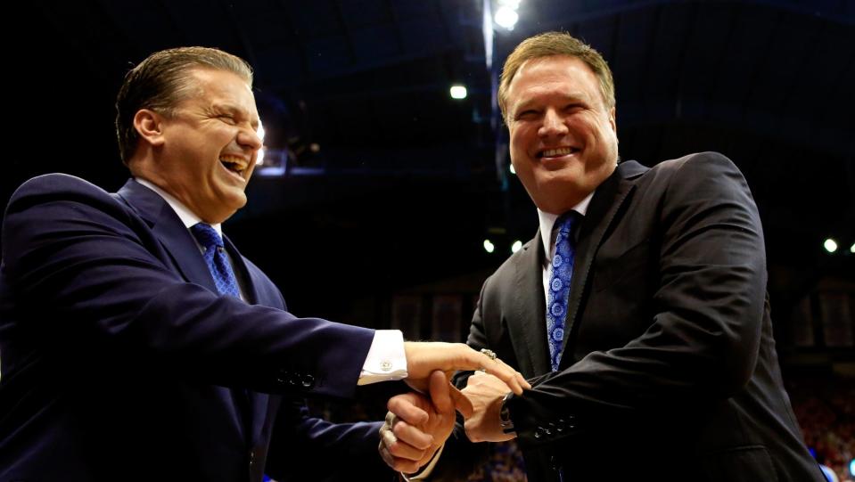 Kansas’ Bill Self (R) scored a win over Michigan State on Tuesday. (AP)