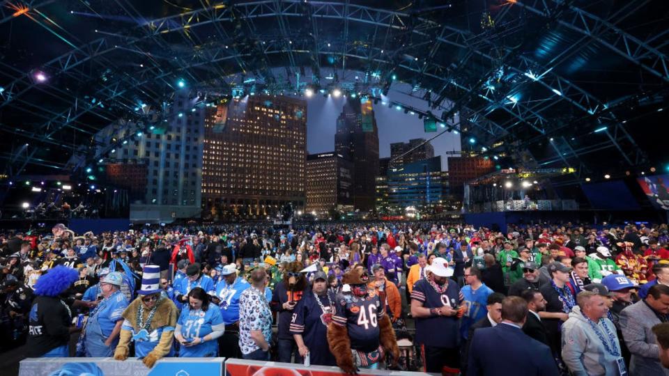 <div>DETROIT, MICHIGAN - APRIL 25: A general view of the first round of the 2024 NFL Draft at Campus Martius Park and Hart Plaza on April 25, 2024 in Detroit, Michigan. (Photo by Gregory Shamus/Getty Images)</div>
