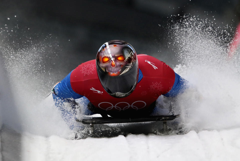 <p>Italy’s Joseph Luke Cecchini’s helmet comes straight out of the nightmare department: a skull with eyes of fire. </p>