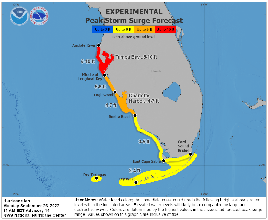 The National Hurricane Center's experimental peak storm surge graphic is meant to give viewers a clear picture of the threat residents face from surging seas, even miles inland.