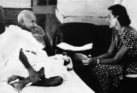 Lady Edwina Mountbatten visits Mahatma Gandhi during his hunger strike, following Indian Partition 1947. Mohandas Karamchand Gandhi (1869 - 1948), Gandhi was the preeminent leader of the Indian independence movement in British-ruled India. At 5:17 pm on 30 January 1948. (Photo by: Universal History Archive/ Universal Images Group via Getty Images)