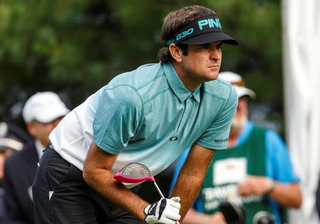 Jun 26, 2015; Cromwell, CT, USA; Bubba Watson watches his tee shot on the 10th hole in the second round at TPC River Highlands. Mandatory Credit: David Butler II-USA TODAY Sports