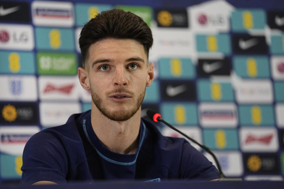 England's Declan Rice speaks to the media during a press conference at at Al Wakrah Sports Complex, in Al Wakrah, Qatar, Thursday, Dec. 1, 2022. (AP Photo/Abbie Parr)