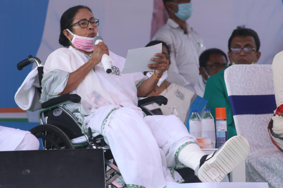 West Bengal chief Minister Mamata Banerjee at the Election Camping in Chainditala, India on March 28, 2021.  (Photo by Debajyoti Chakraborty/NurPhoto via Getty Images)