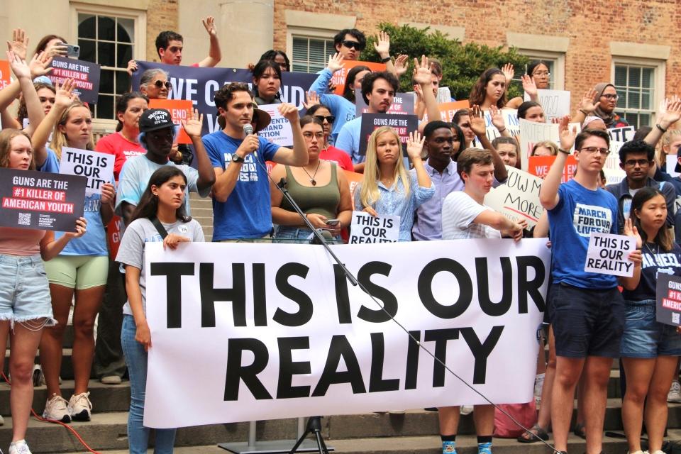 March For Our Lives co-founder David Hogg speaks at a gun safety rally (AP)