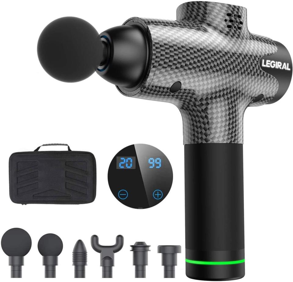 <strong>Rating: </strong>It has a 4.8-star rating. <br /><strong>Speed: </strong><a href="https://amzn.to/2DUkt7e">This massager</a> has a 24V brushless motor and 20 adjustable speed settings. <br /><strong>Charge: </strong>With a 2500mAh rechargeable lithium battery, this massager can handle six hours of working time at low speed and takes up to two hours to charge. <br /><strong>Need-To-Know Features: </strong>You'll find this massage gun has six<strong> </strong>replacement heads that can help you relax the right muscle.<br /><strong>$$$:</strong> <a href="https://amzn.to/2DUkt7e" target="_blank" rel="noopener noreferrer">Find it for $130 at Amazon</a>.