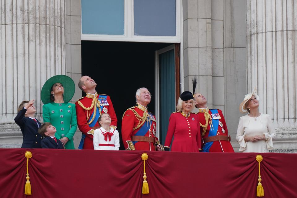 Prince George, Prince Louis, Princess Charlotte, Kate Middleton, Prince William, King Charles III, Queen Camilla, Prince Edward, and Sophie, the Duchess of Edinburgh, on the balcony of Buckingham Palace for the Trooping the Colour on June 17.