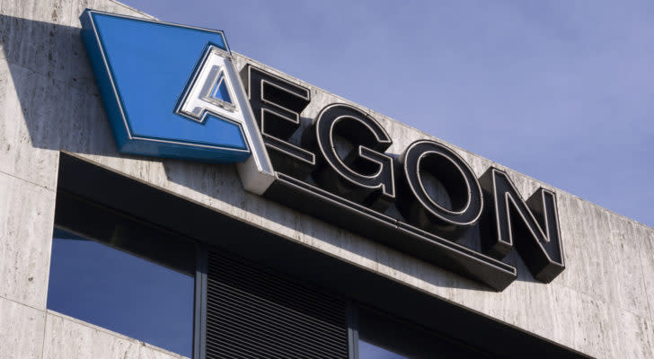 Aegon (AEG stock) logo on its headquarters building in the Hague