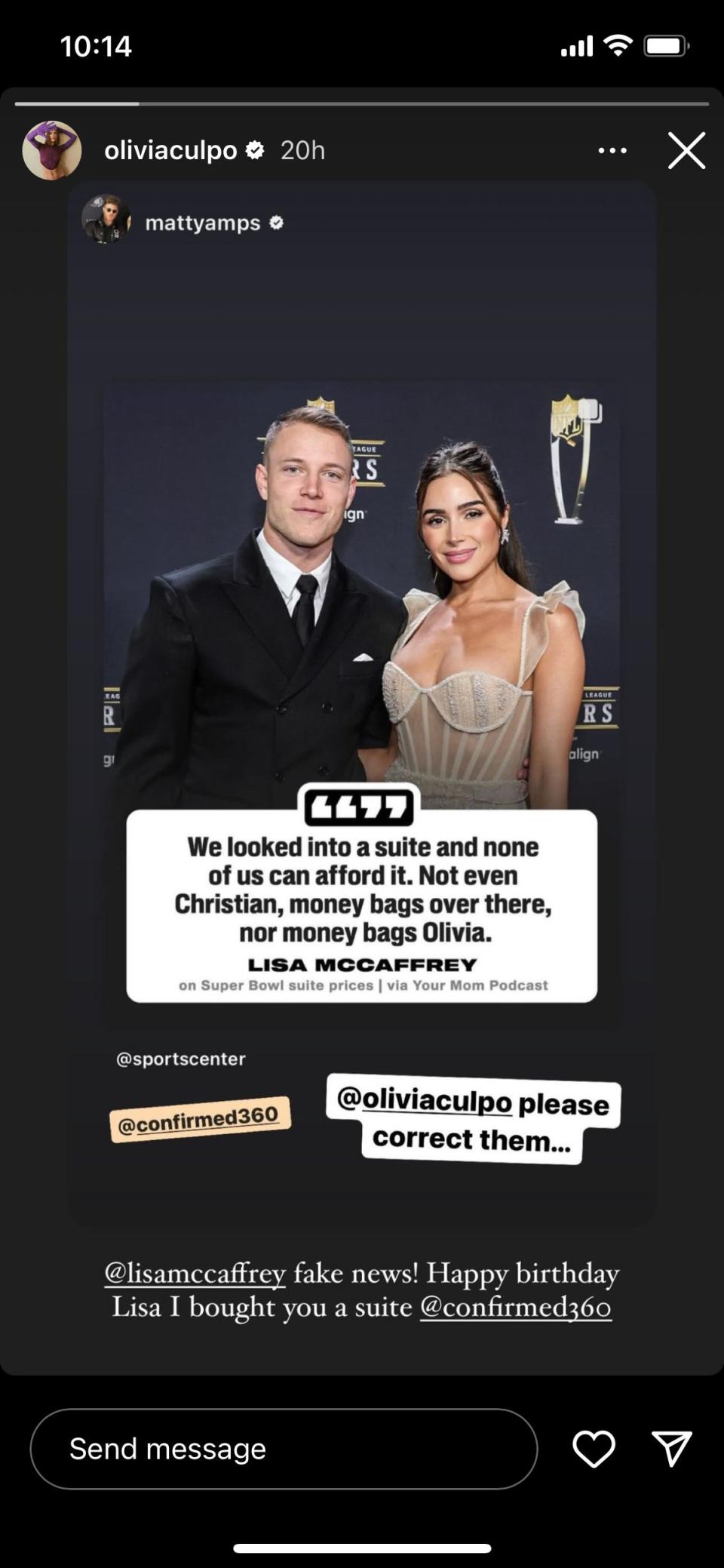 Screenshot of Olivia Culpo's Instagram Story on February 2, 2024.