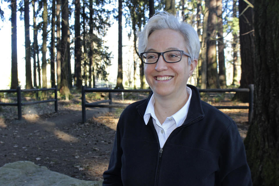 FILE - Former Oregon House Speaker Tina Kotek, who is running for governor, poses for photos in Columbia Park in Portland, Ore., on Feb. 18, 2022. Oregon's primary elections are Tuesday, May 17, 2022. (AP Photo/Sara Cline, File)