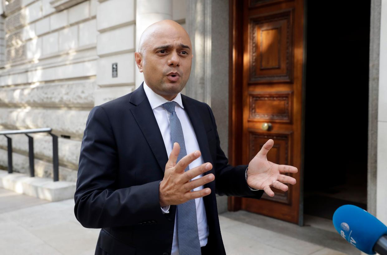 Britain's chancellor of the exchequer Sajid Javid speaks to the media on his arrival at the Treasury in London on 24 July. Photo: Matt Dunham/AFP