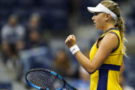 Amanda Anisimova, of the United States, reacts after scoring a point against Karolina Pliskova, of the Czech Republic, during the second round of the US Open tennis championships, Thursday, Sept. 2, 2021, in New York. (AP Photo/Frank Franklin II)